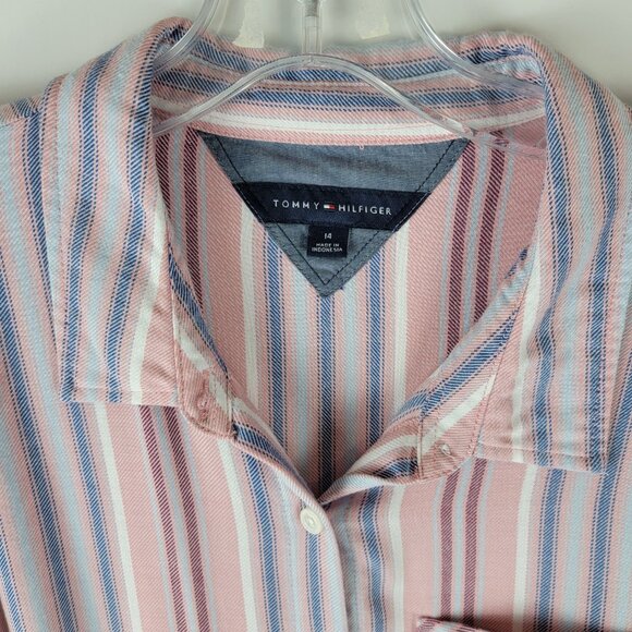 Tommy Hilfiger Pink Blue Striped Long Sleeve Shirtdress Belted sz 14 - Picture 2 of 11